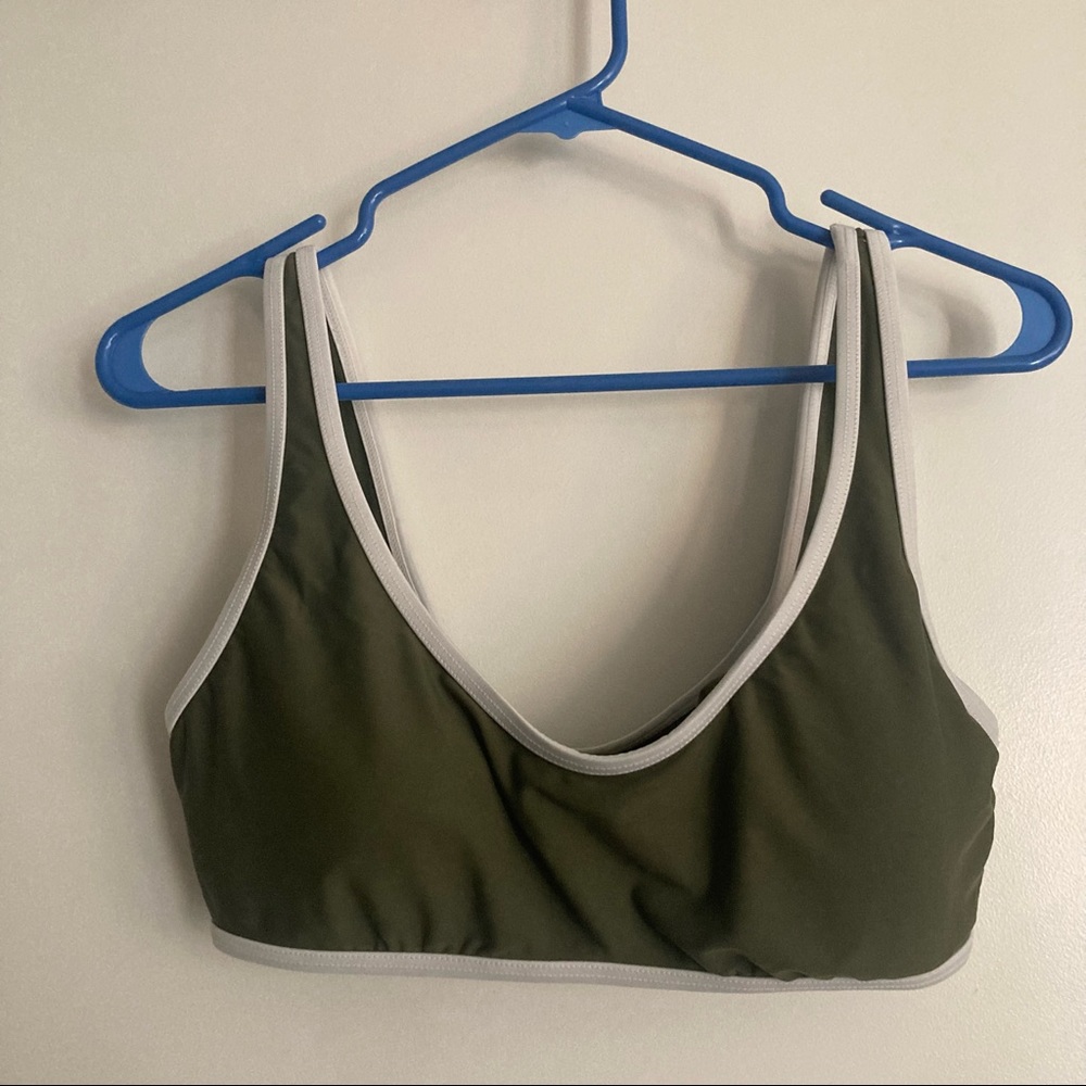 Express swim suit top. Sports bra style. Forest green with white trim. Large.